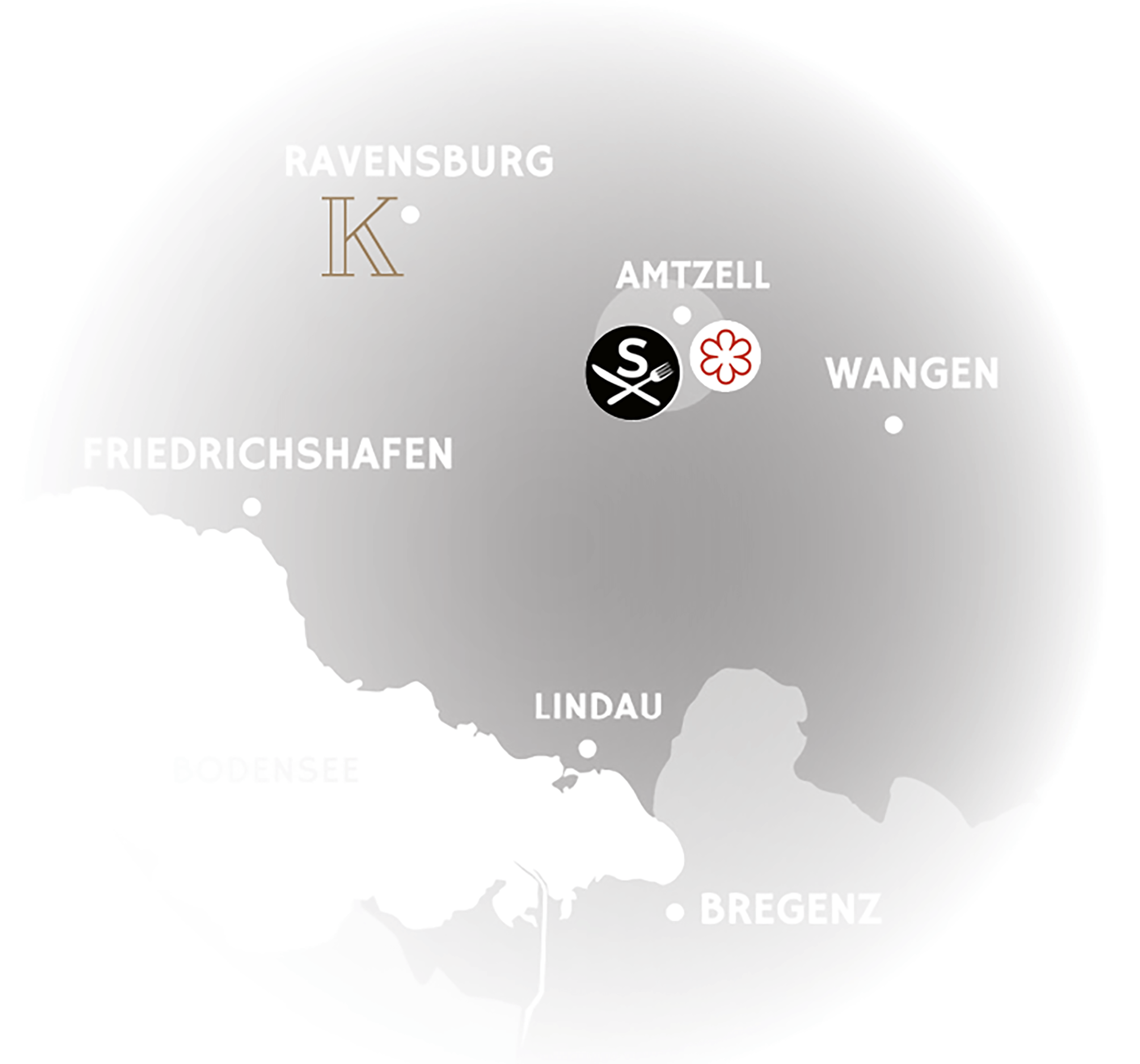 Lage von Amtzell, Ravensburg, Wangen, Friedrichshafen, Lindau und Bregenz auf einer Karte visuell dargestellt.