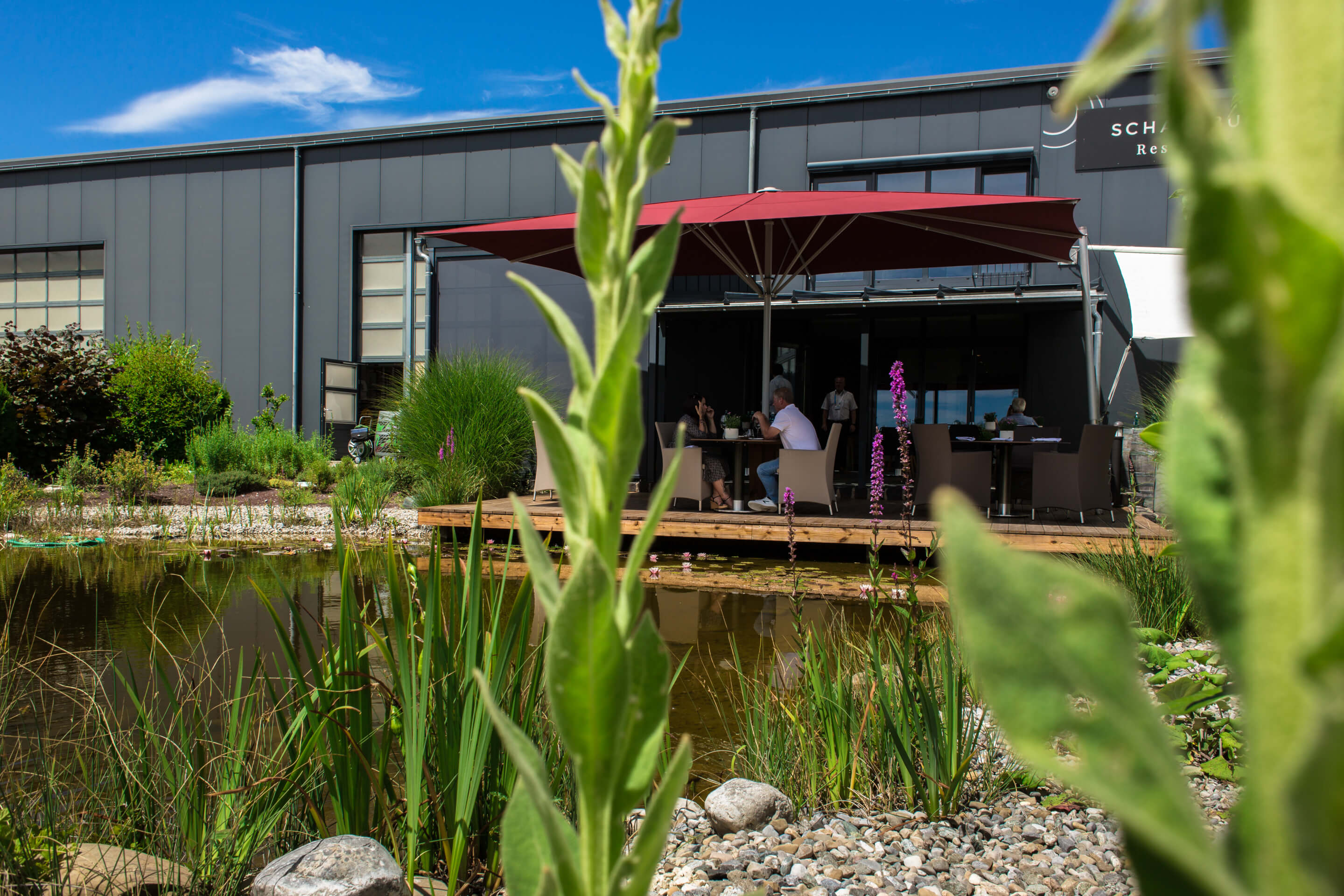 Schattbuch-Sonnenterrasse am Koiteich im Grünen, fotografiert von der Gegenseite