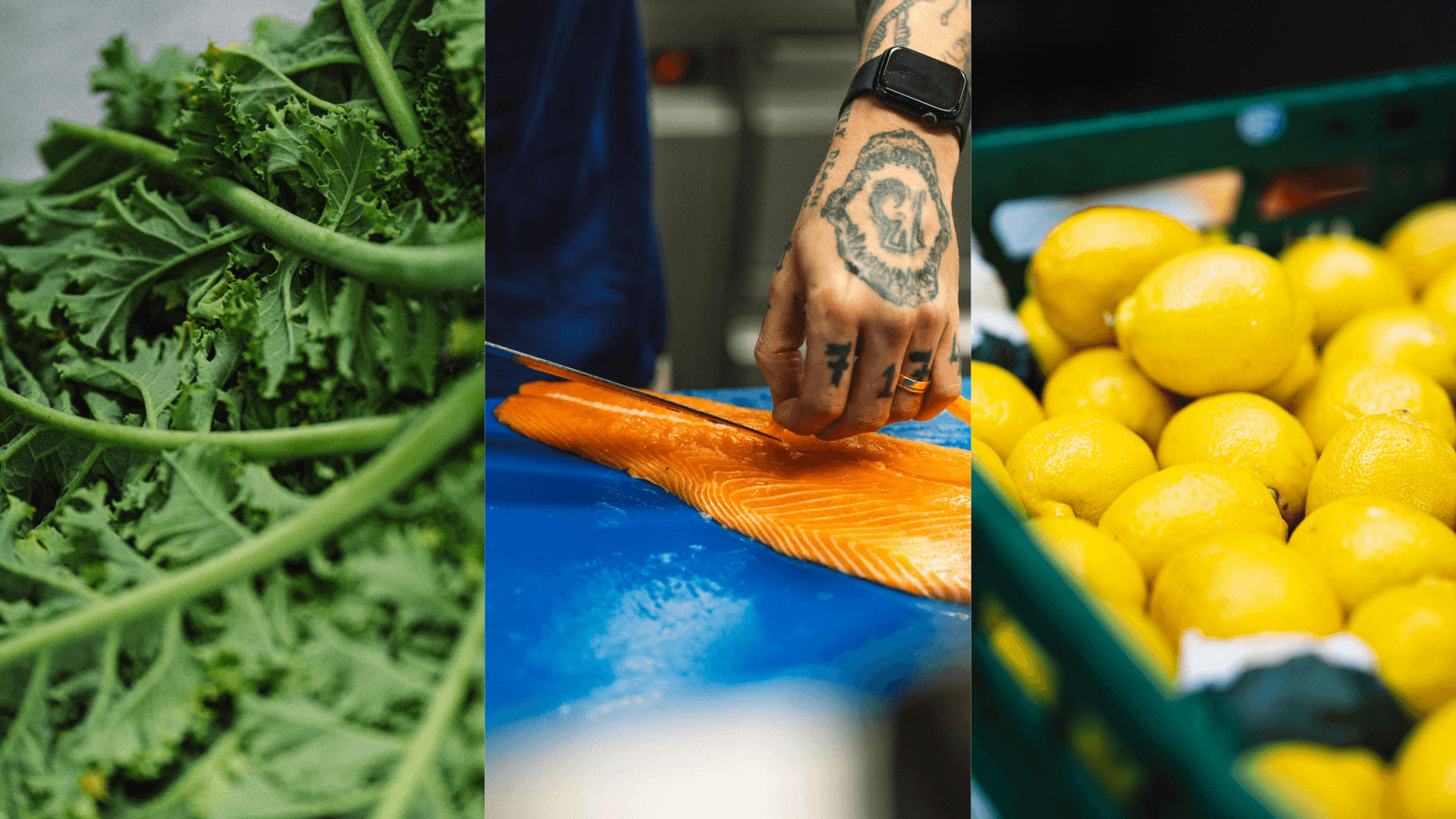 Collage mit Gemüse, Fisch und Zitronen in Reihe